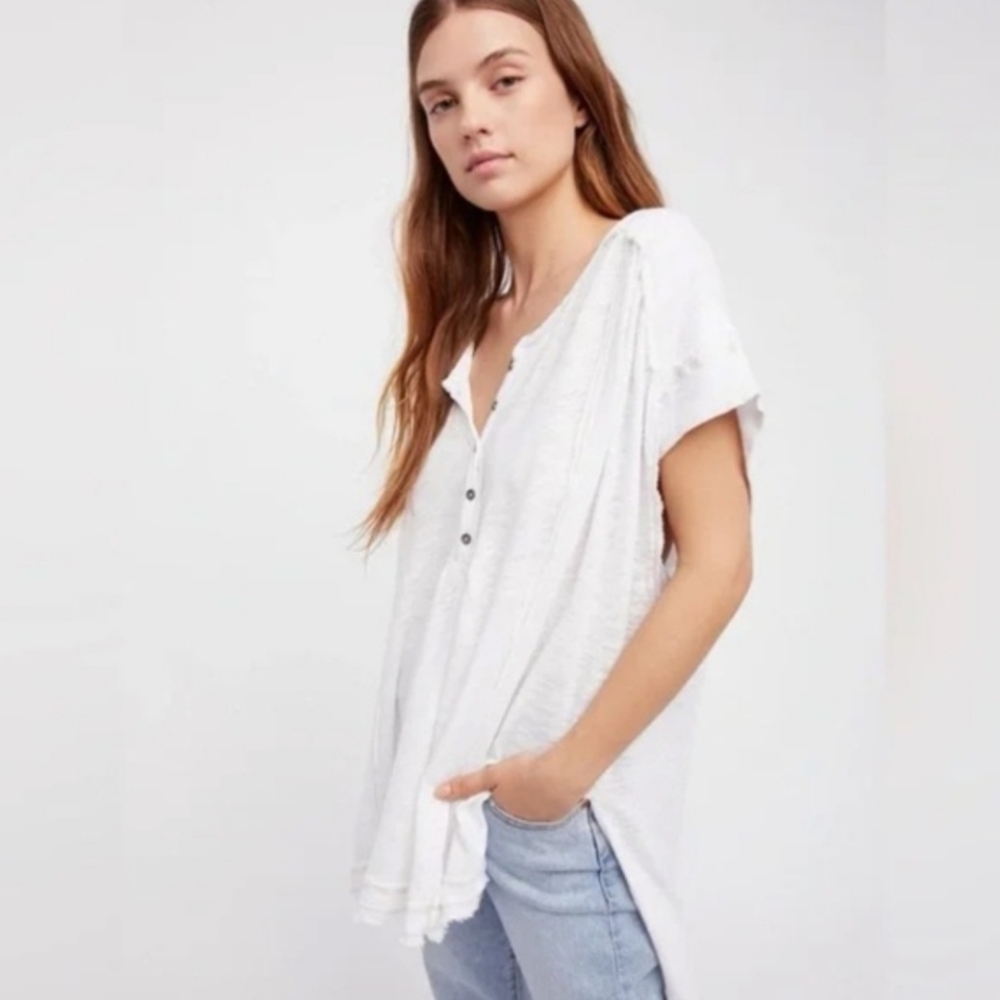 FREE PEOPLE‎ Horizons White Gauzy Cotton Oversized Slouchy Frayed Hem Top Size S